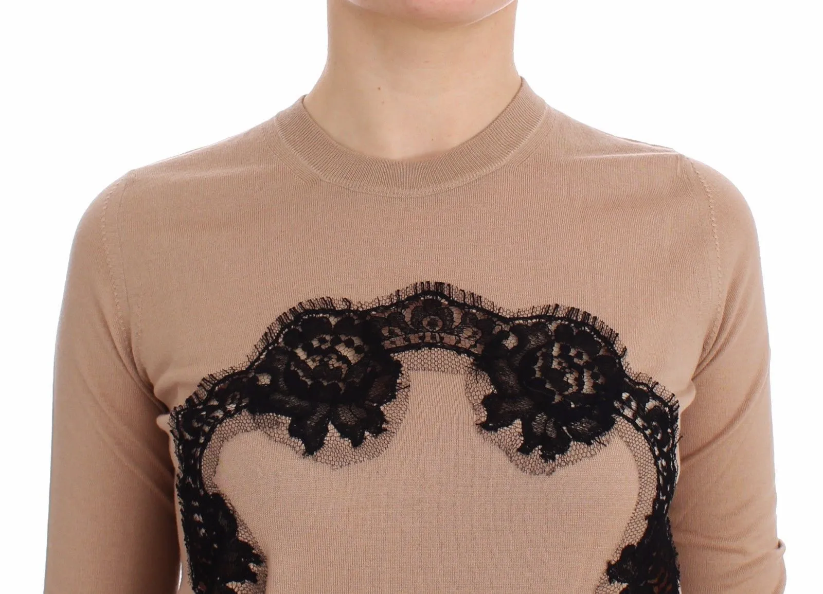 Beige Wool Black Lace Sweater Pullover