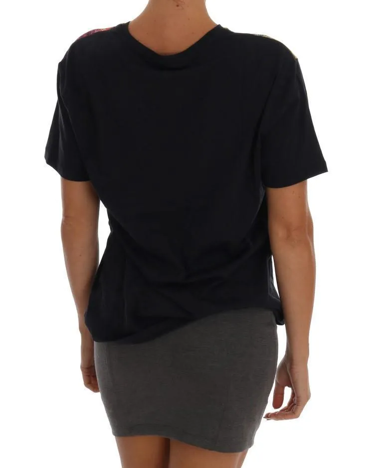 Black Cotton Motive Print T-Shirt
