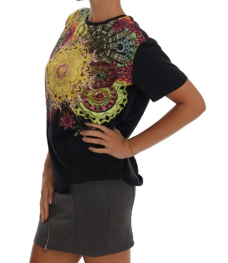 Black Cotton Motive Print T-Shirt