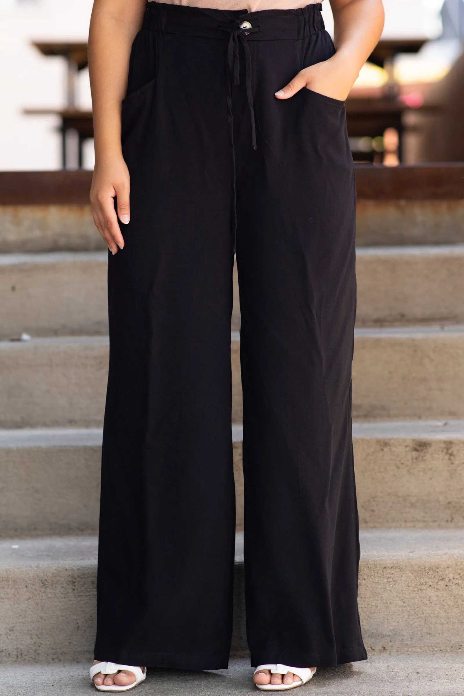 Black Elastic Waist Wide Leg Pants