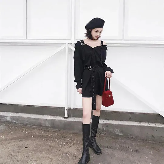 Black Gothic Off Shoulder Shirt Dress  UB96029