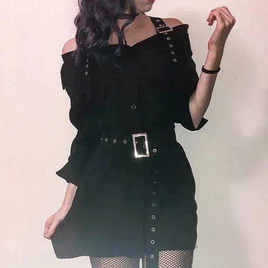 Black Gothic Off Shoulder Shirt Dress  UB96029