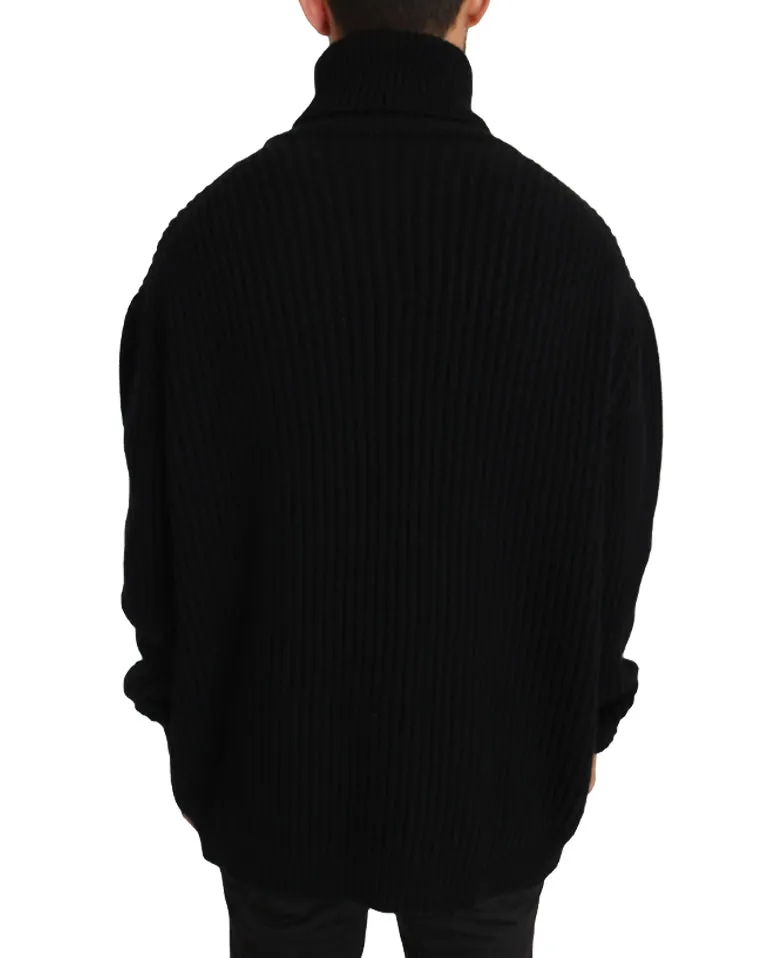 Black Knitted Wool Turtleneck Pullover Sweater