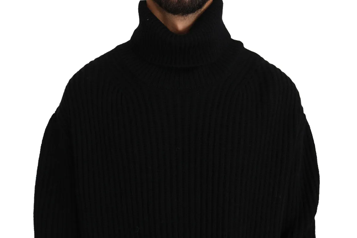 Black Knitted Wool Turtleneck Pullover Sweater