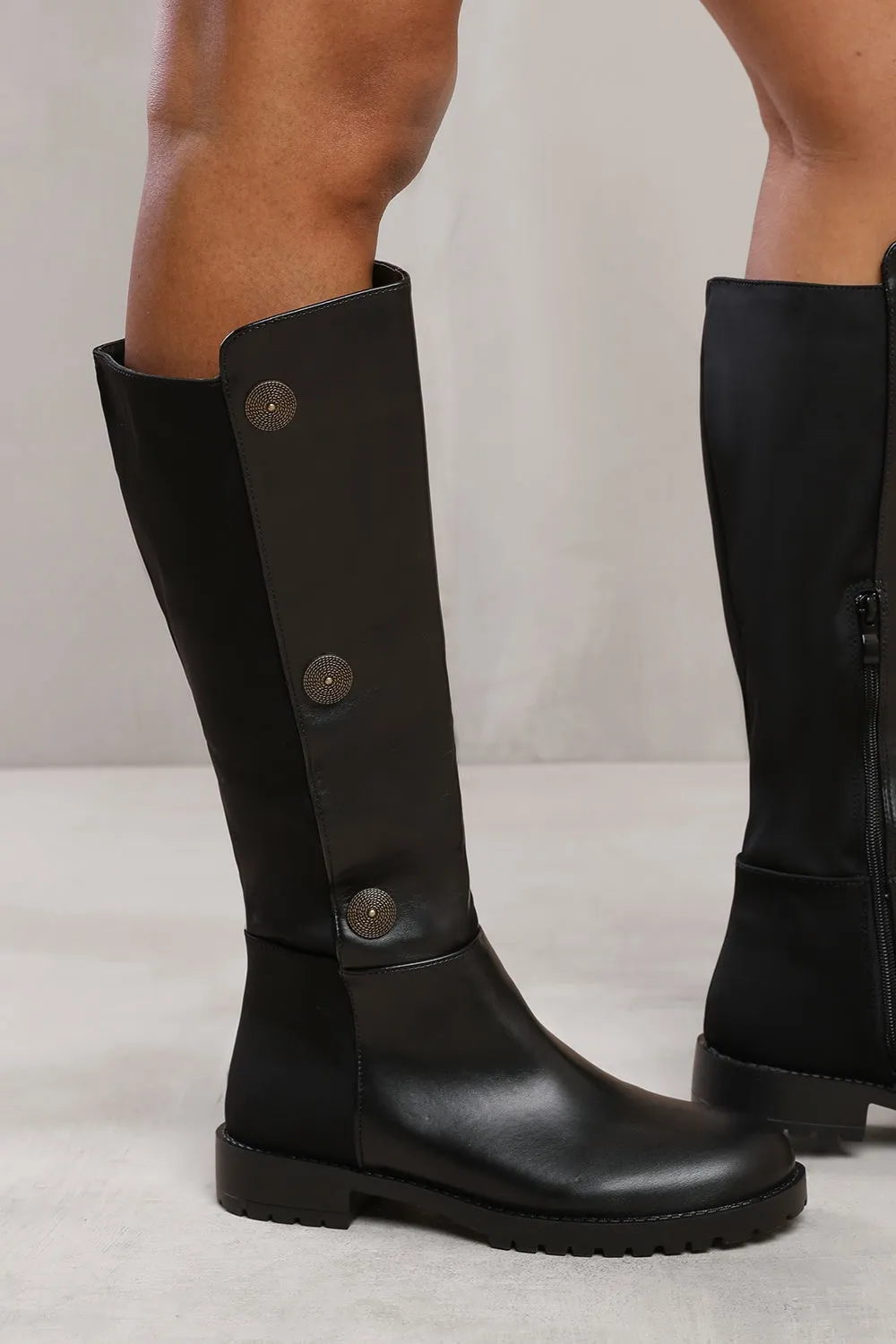 Black PU Designer Detail Knee High Heeled Boot