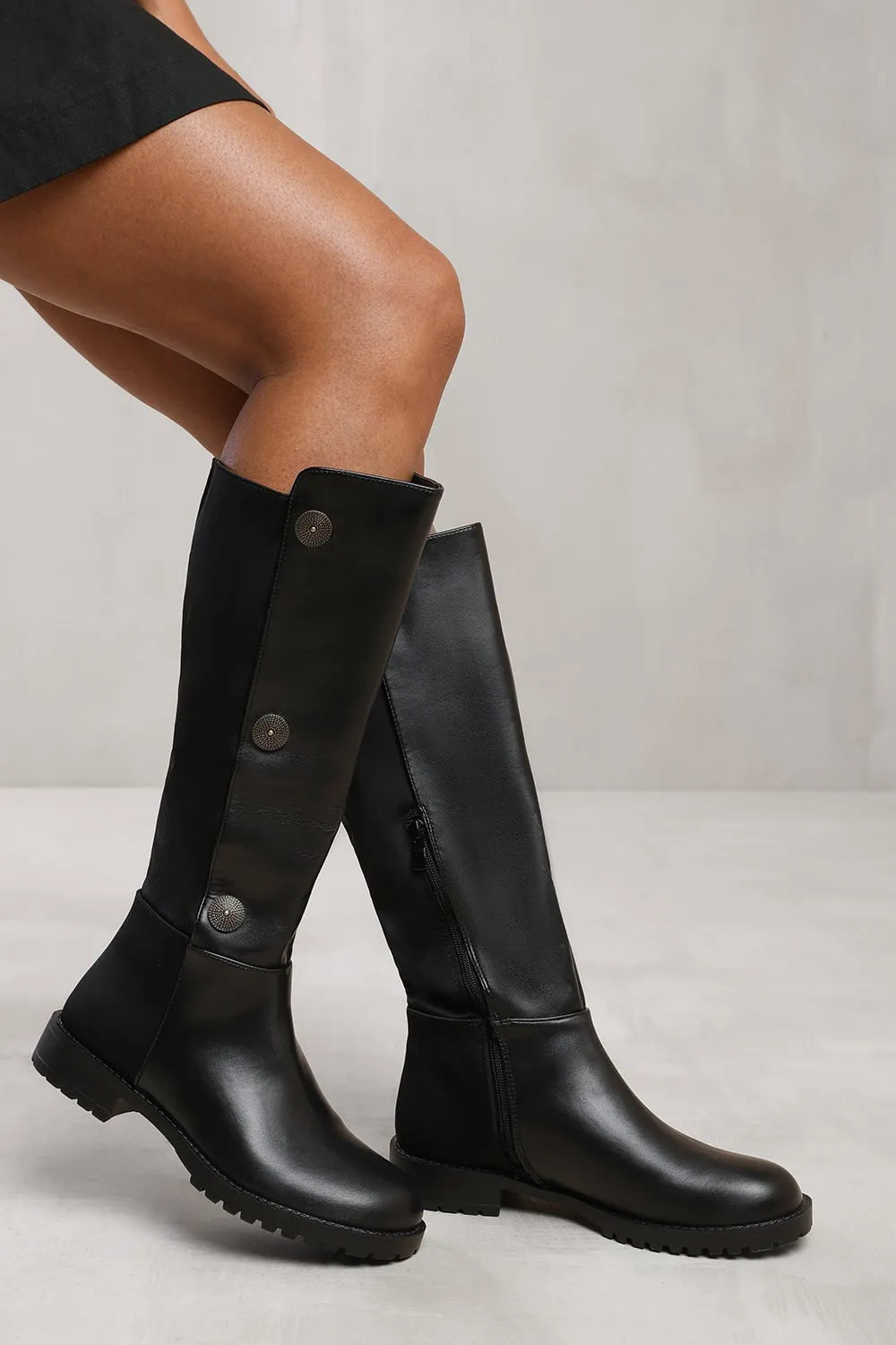 Black PU Designer Detail Knee High Heeled Boot