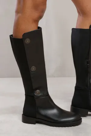 Black PU Designer Detail Knee High Heeled Boot