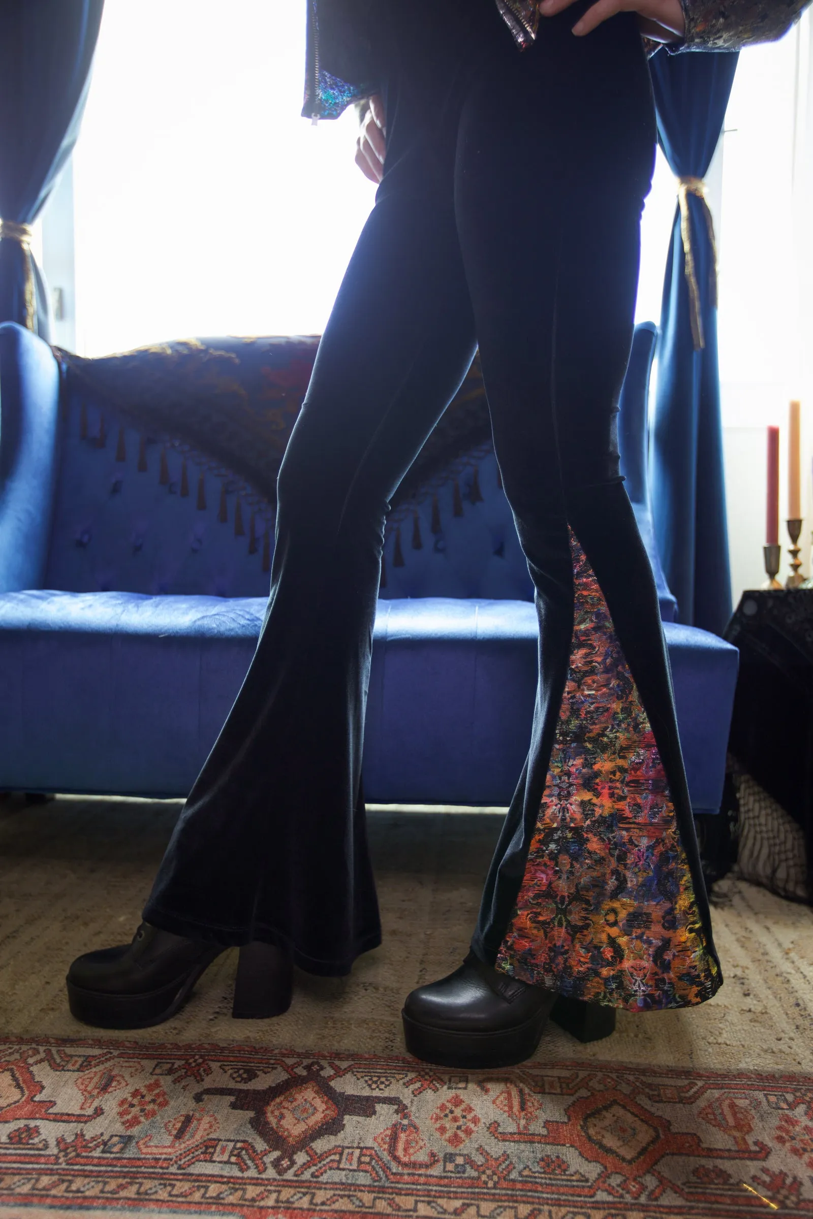 Black Velvet High Waisted Flare Pants with Rainbow Brocade