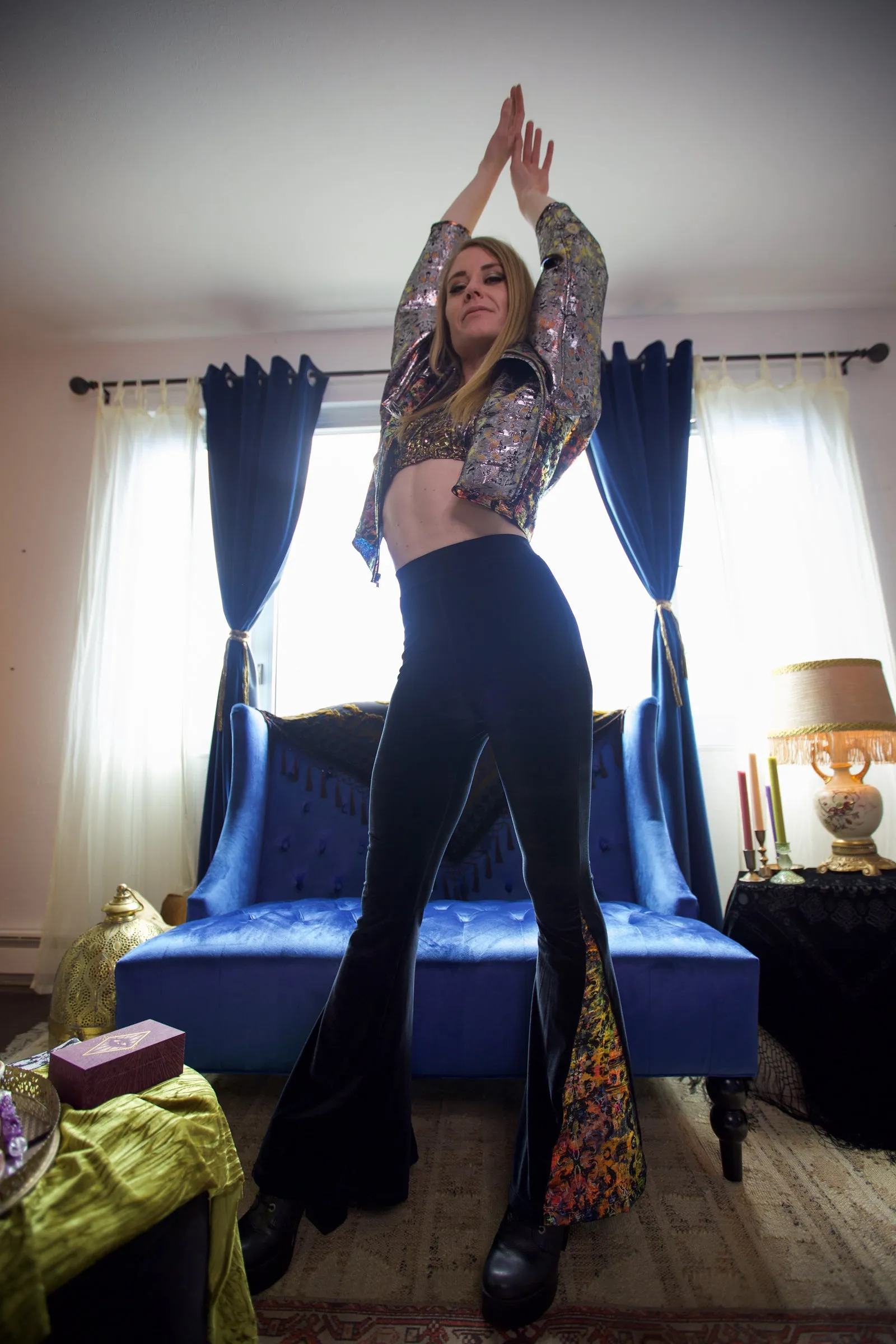 Black Velvet High Waisted Flare Pants with Rainbow Brocade