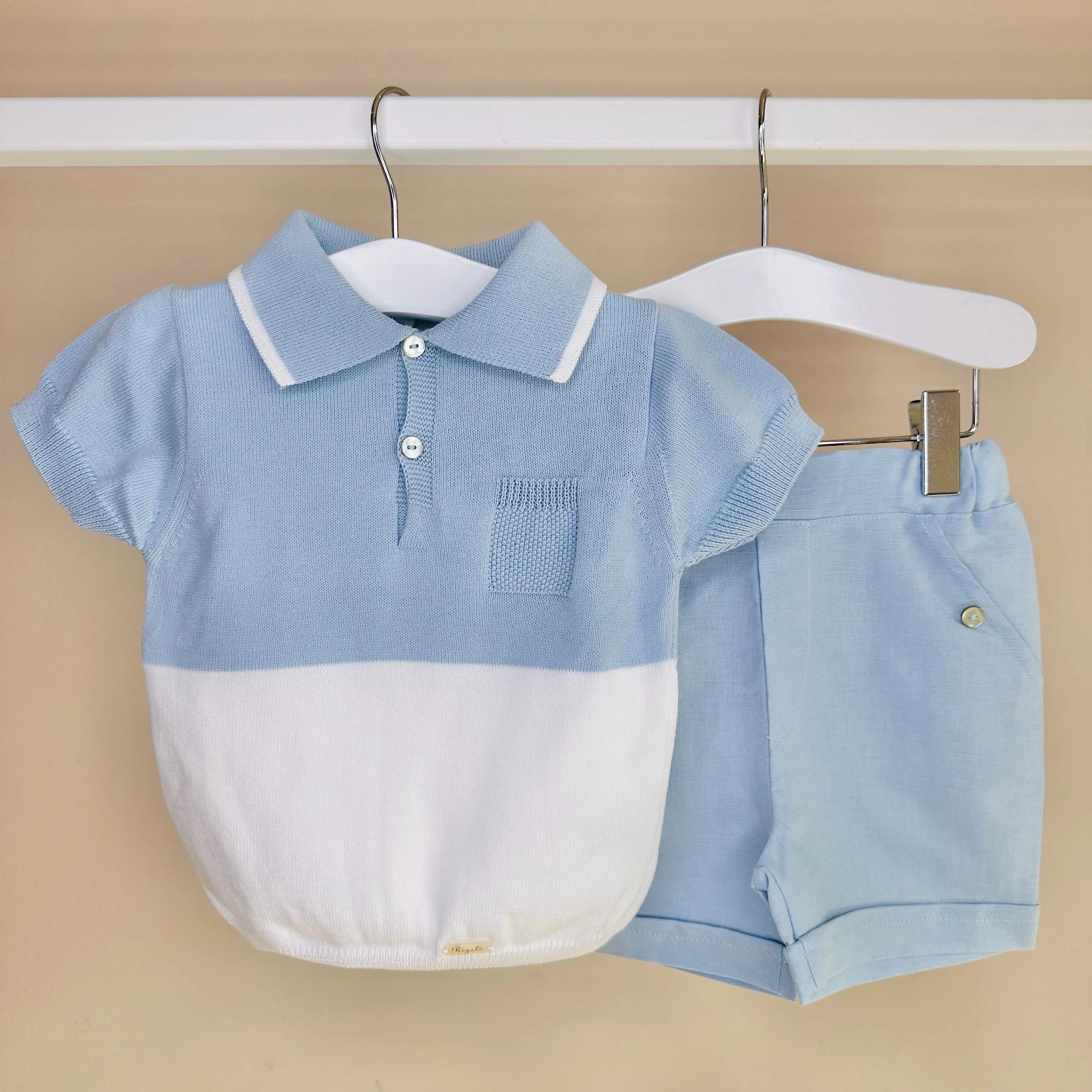 Blue Knitted Polo & Linen Shorts Set
