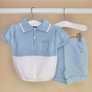 Blue Knitted Polo & Linen Shorts Set