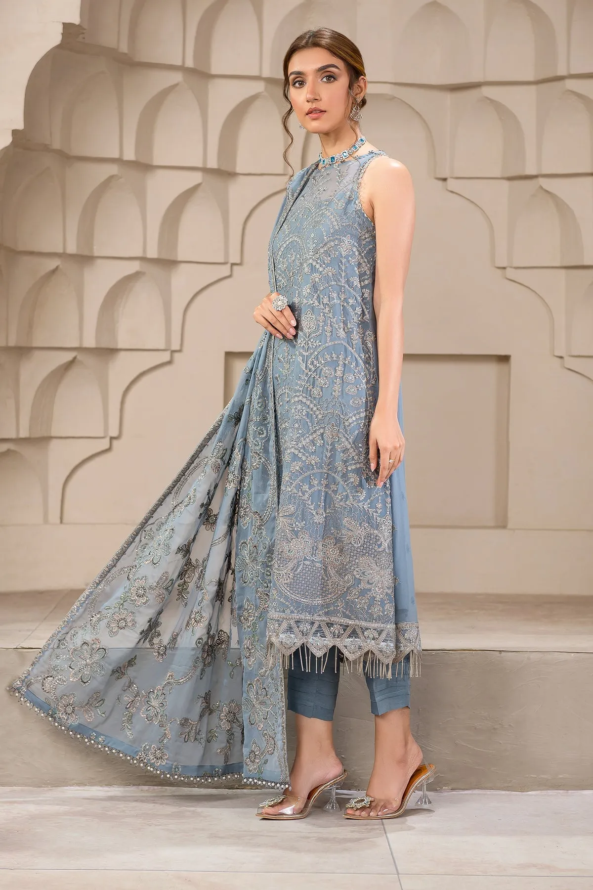 Blue Short Shirt with Capri Pakistani Party Wear