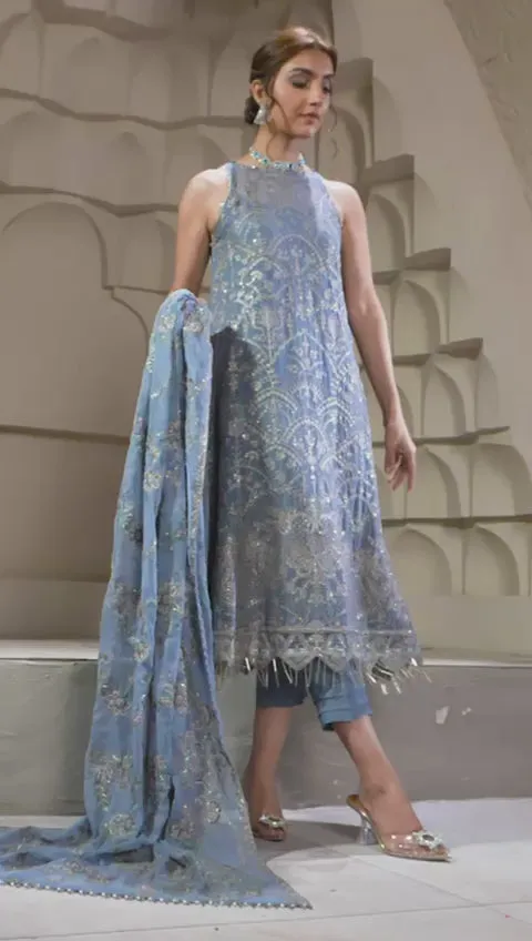 Blue Short Shirt with Capri Pakistani Party Wear