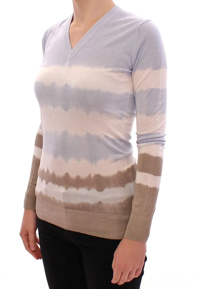 Blue Striped Silk V-neck Sweater