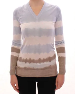 Blue Striped Silk V-neck Sweater