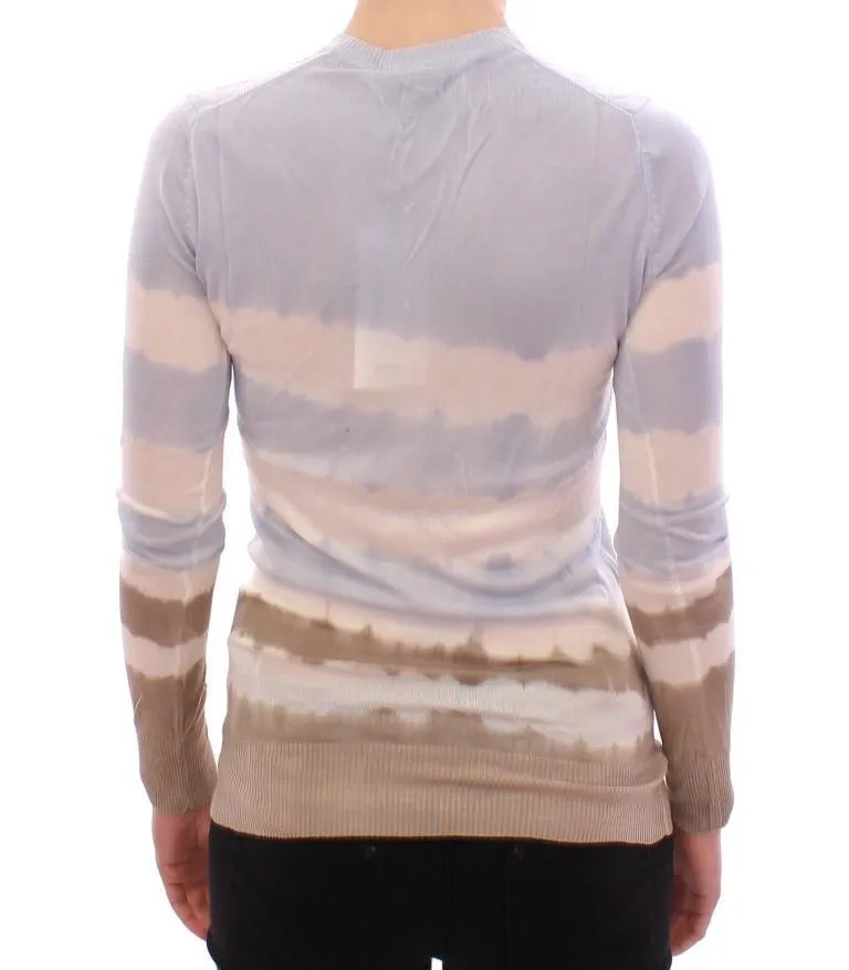 Blue Striped Silk V-neck Sweater