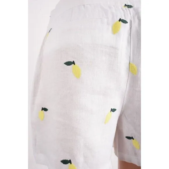 Boden Womens Hornsea Linen Shorts UK 8 US 4 White Lemon Embroidery NWT