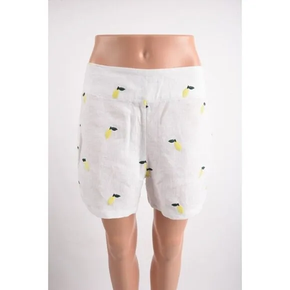 Boden Womens Hornsea Linen Shorts UK 8 US 4 White Lemon Embroidery NWT