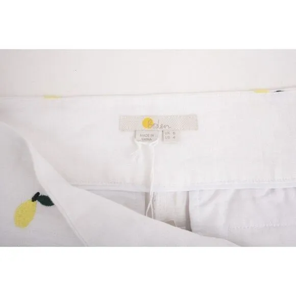 Boden Womens Hornsea Linen Shorts UK 8 US 4 White Lemon Embroidery NWT