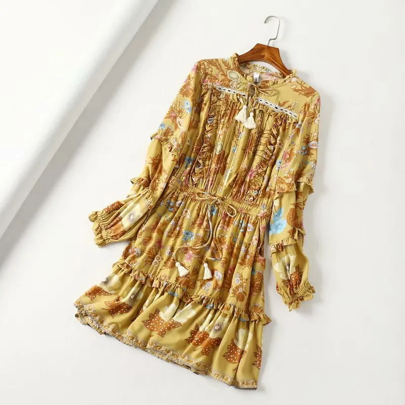 Boho Bohemia Lace-up Hollow-out Floral Printed Tassel Mini Dresses