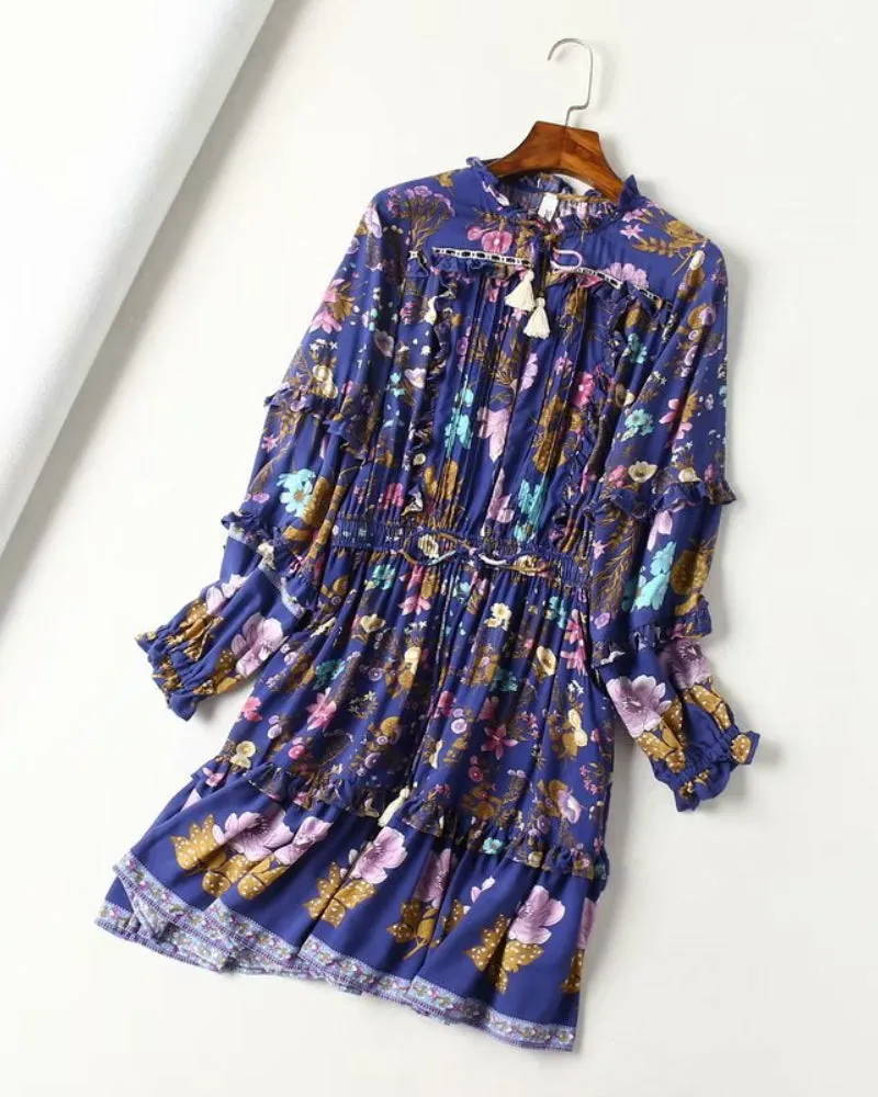 Boho Bohemia Lace-up Hollow-out Floral Printed Tassel Mini Dresses