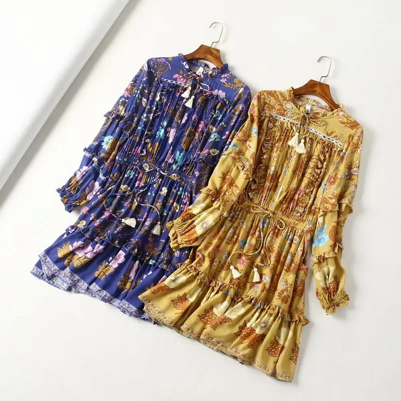 Boho Bohemia Lace-up Hollow-out Floral Printed Tassel Mini Dresses