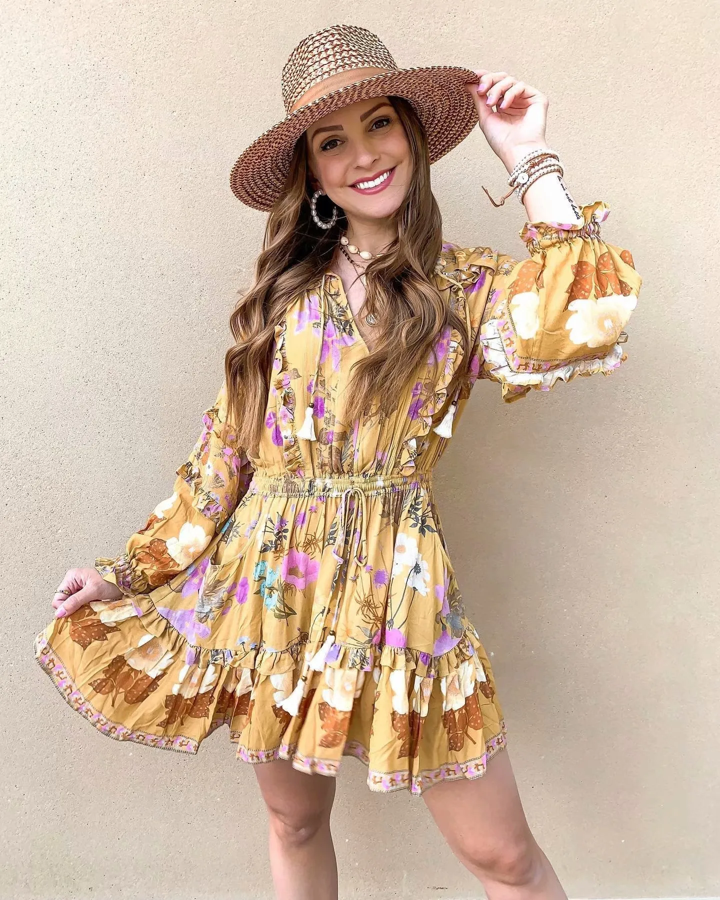 Boho Bohemia Lace-up Hollow-out Floral Printed Tassel Mini Dresses