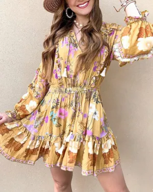 Boho Bohemia Lace-up Hollow-out Floral Printed Tassel Mini Dresses