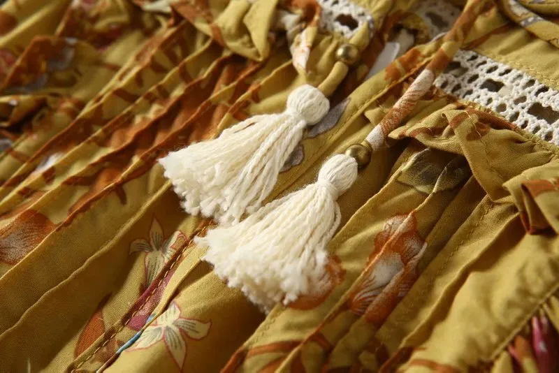 Boho Bohemia Lace-up Hollow-out Floral Printed Tassel Mini Dresses