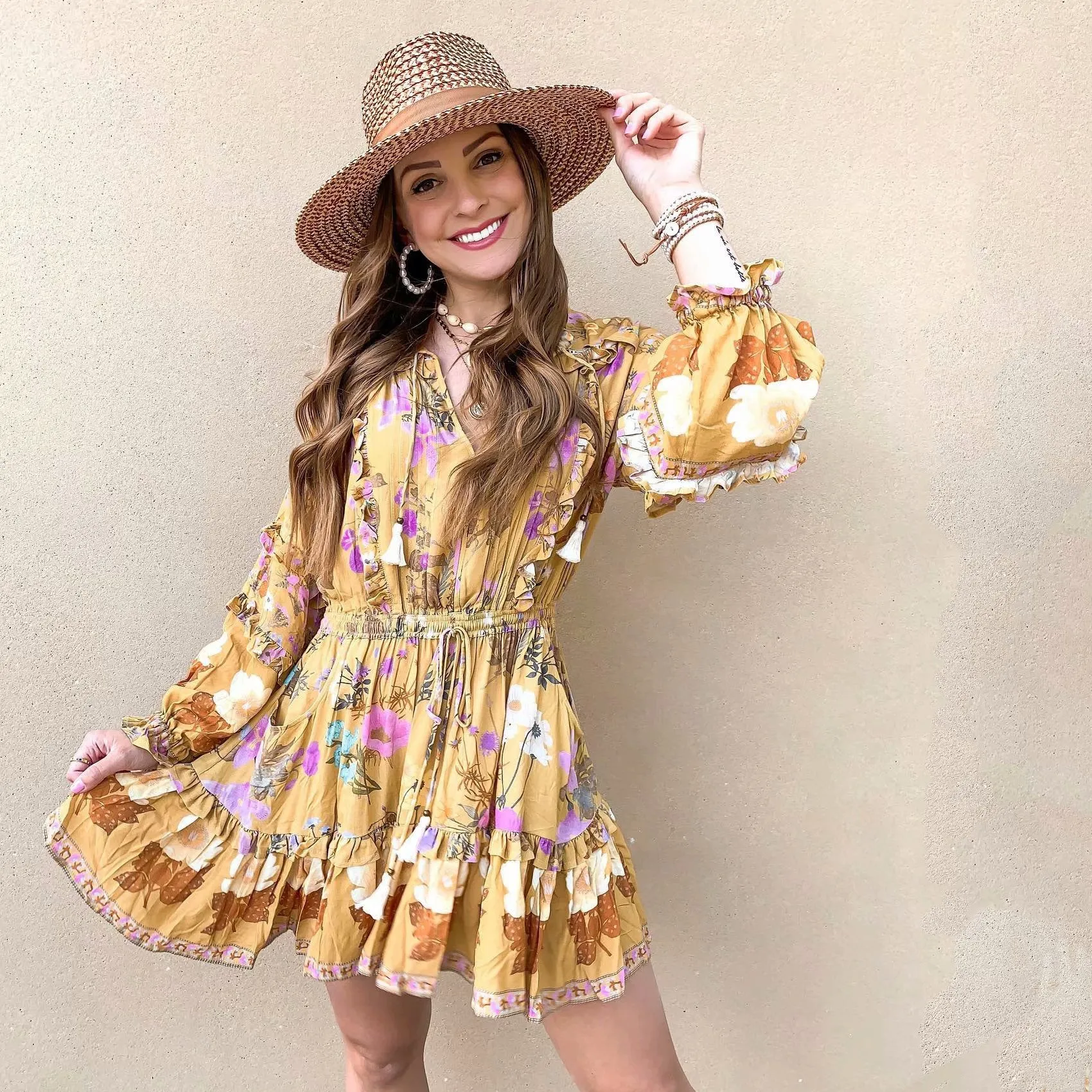Boho Bohemia Lace-up Hollow-out Floral Printed Tassel Mini Dresses