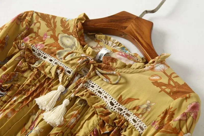 Boho Bohemia Lace-up Hollow-out Floral Printed Tassel Mini Dresses