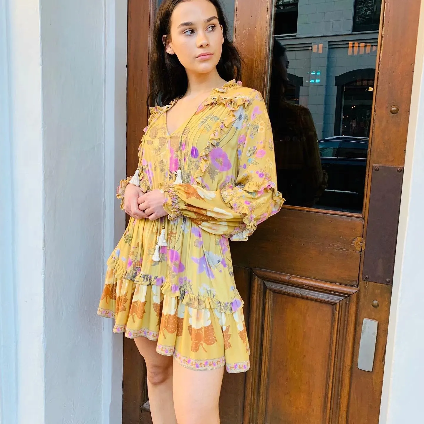 Boho Bohemia Lace-up Hollow-out Floral Printed Tassel Mini Dresses