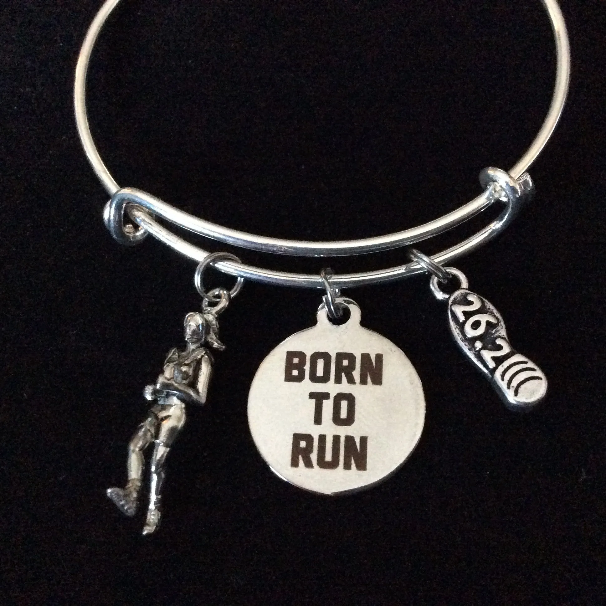 Born To Run 26.2 Marathon Charm on Silver Bracelet Expandable Adjustable Wire Bangle Finish Line Gift Trendy