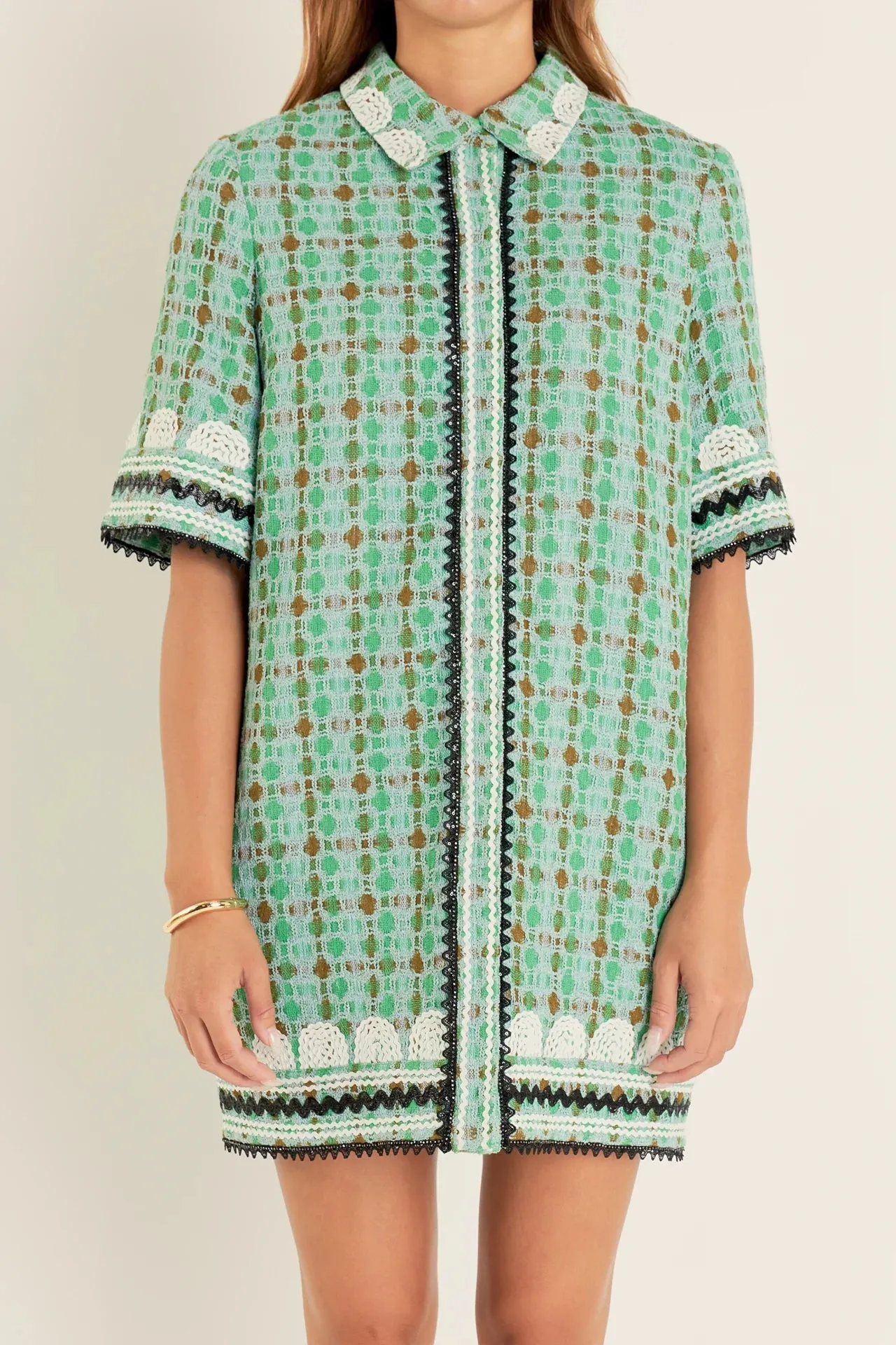 Boucle Mini Shirt Dress with Ric Rac Trim