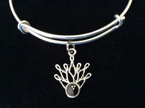 Bowling Ball with Bowling Pins Charm on a Silver Expandable Adjustable Bangle Bracelet Team Gift