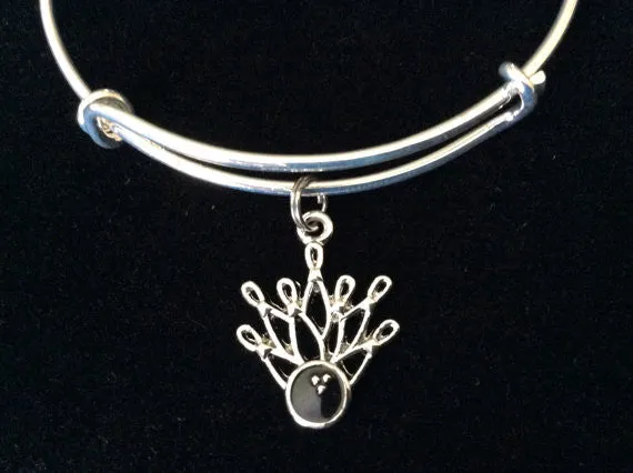 Bowling Ball with Bowling Pins Charm on a Silver Expandable Adjustable Bangle Bracelet Team Gift