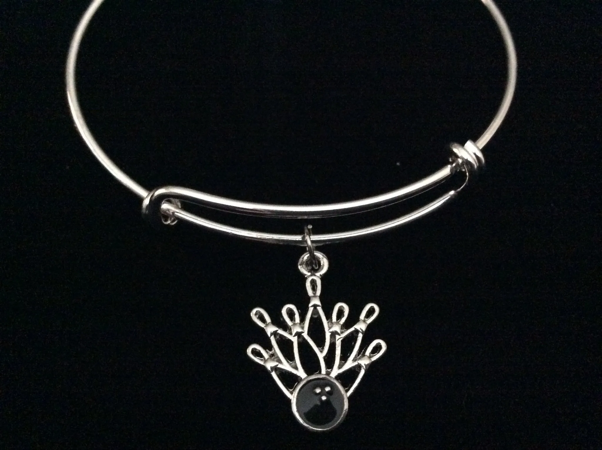 Bowling Ball with Bowling Pins Charm on a Silver Expandable Adjustable Bangle Bracelet Team Gift