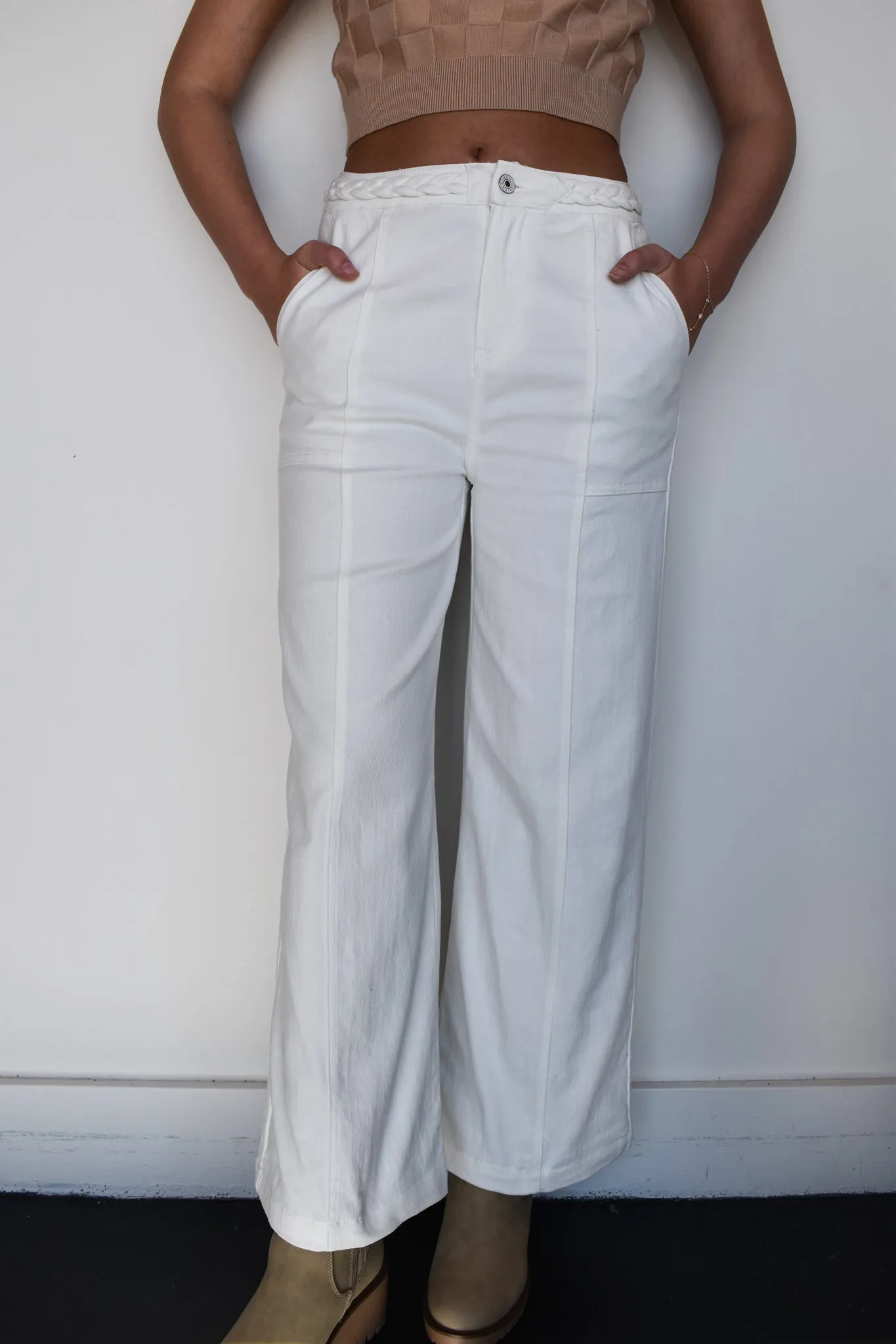 Braided Wide Leg Denim- White