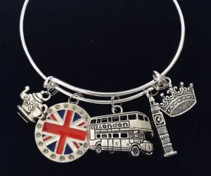 British Flag Jewelry London England Adjustable Bracelet Big Ben Double Decker English Crown Expandable Silver Charm Bangle One Size Fits All Gift