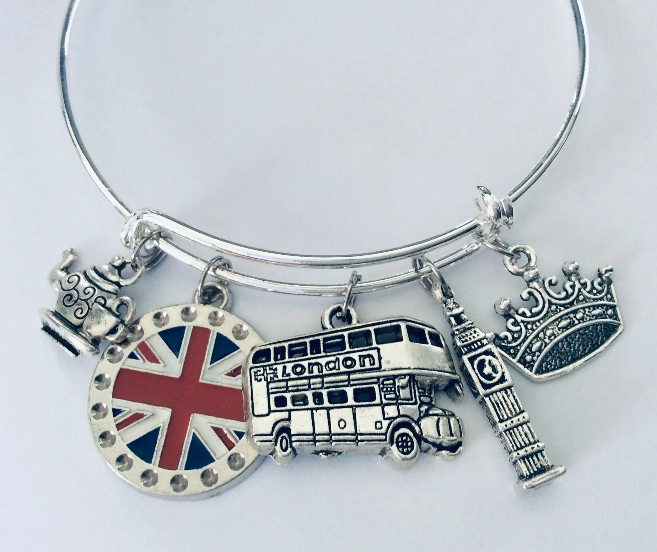 British Flag Jewelry London England Adjustable Bracelet Big Ben Double Decker English Crown Expandable Silver Charm Bangle One Size Fits All Gift