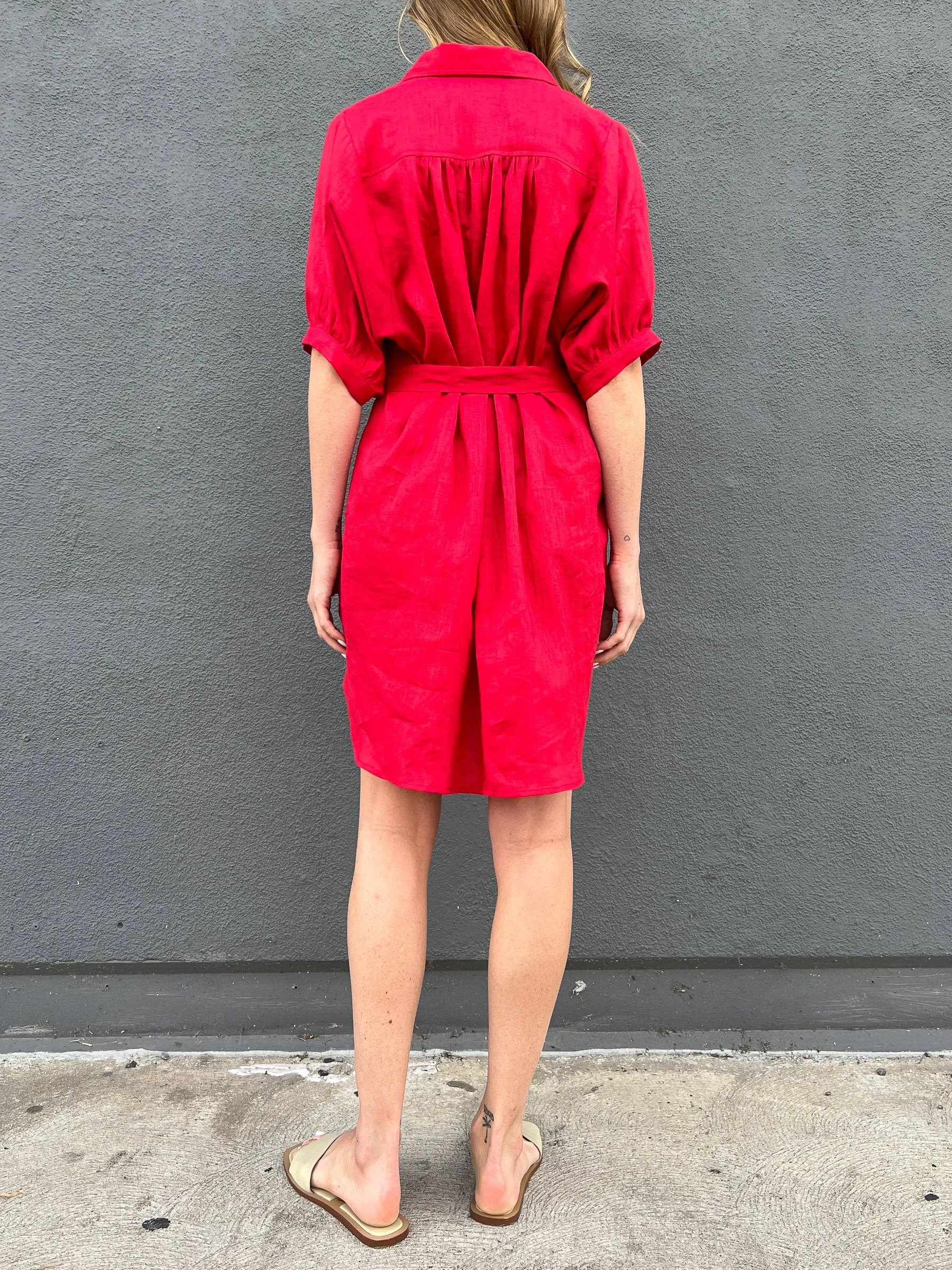 Brittan Dress in French Linen - Cherry