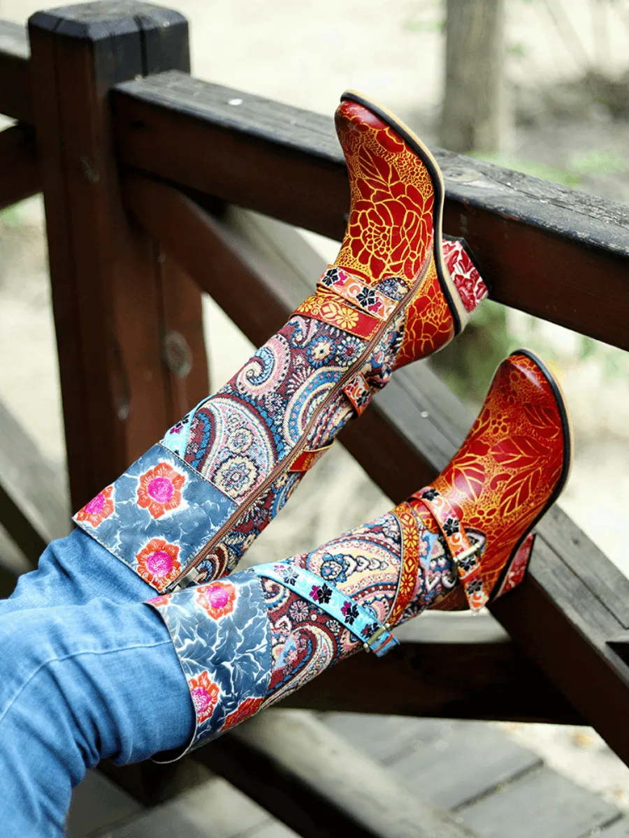 Brown Floral Tie-Accent Leather Vintage Knee High Boots