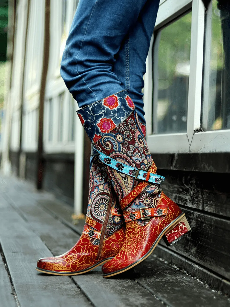 Brown Floral Tie-Accent Leather Vintage Knee High Boots