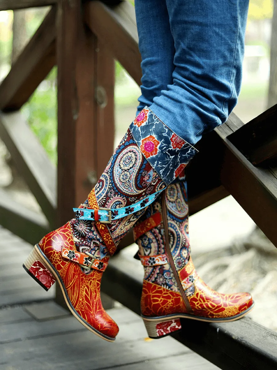 Brown Floral Tie-Accent Leather Vintage Knee High Boots