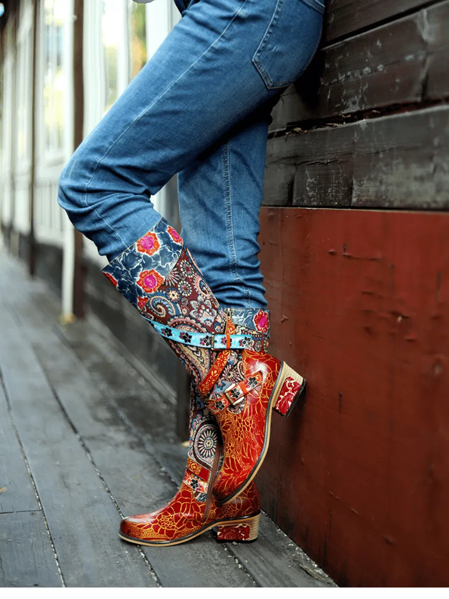 Brown Floral Tie-Accent Leather Vintage Knee High Boots