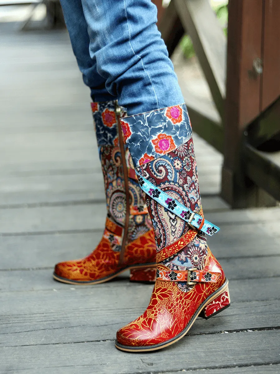 Brown Floral Tie-Accent Leather Vintage Knee High Boots