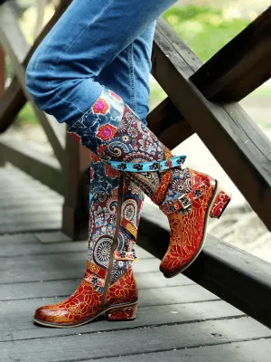 Brown Floral Tie-Accent Leather Vintage Knee High Boots