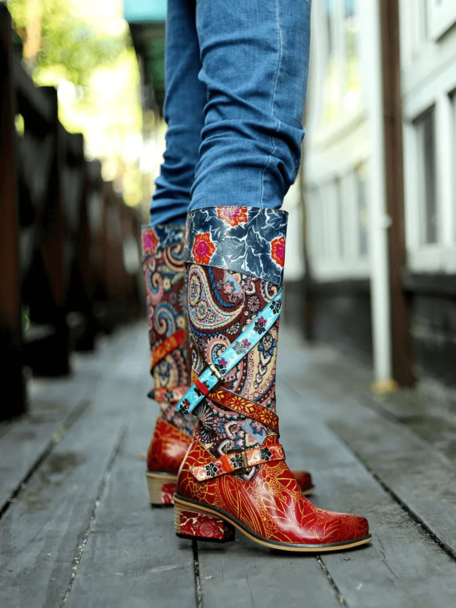 Brown Floral Tie-Accent Leather Vintage Knee High Boots