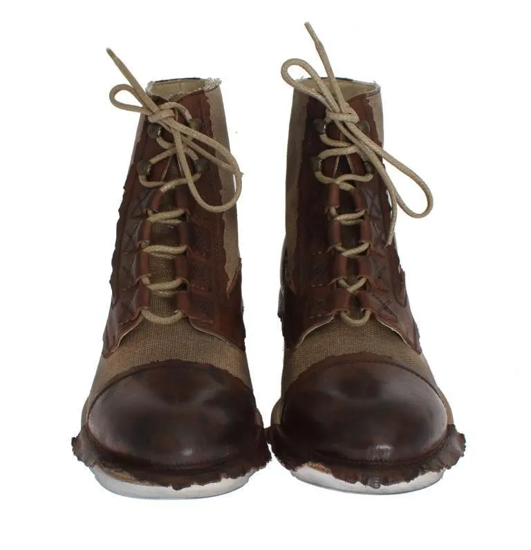 Brown Leather Linen Above Ankle Boots