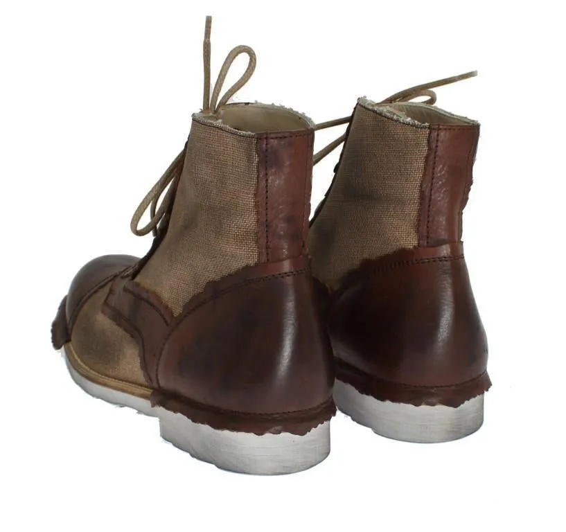 Brown Leather Linen Above Ankle Boots